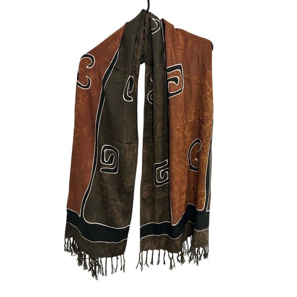 Handmade Blue Hand Rayon Scarf Brown Green Batik Pattern From Bali Indonesia - Picture 1 of 8